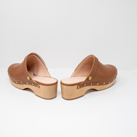 NEW J. Crew Convertible Leather Studded Embellished Wood Sole Clogs Shoe Brown - Picture 3 of 4